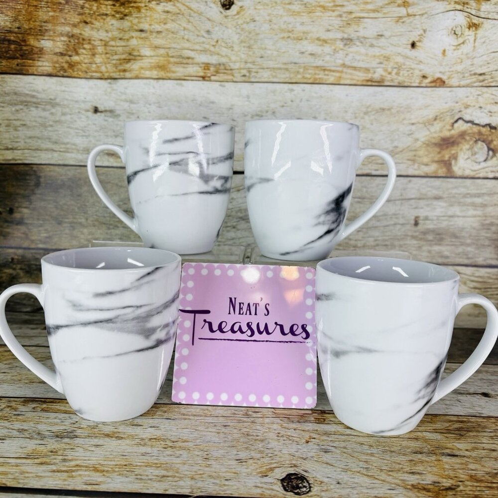 H2K Home To Kitchen MARBLE Design White Gray 14oz Porcelain Cup Mugs Set of 4